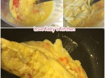 step1: 蛋撥成蛋漿，加入蕃茄、洋蔥、牛奶及芝士攪均；