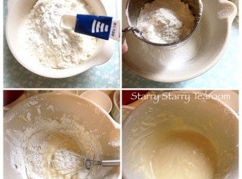step2: 將baking powder和麵粉混合，然後過篩，篩進蛋漿內。攪拌至完全沒有粉粒，便完成粉漿。