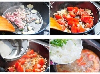 step3: 先將蒜片與絞肉爆香，放入蕃茄快略炒後，加入適量冷水滾煮5~7分鐘，接著放入銀耳煮30~40秒即可