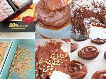 step1: 1.奶油放室溫軟化後與糖粉、肉桂粉以橡皮刮刀拌勻，
2.巧克力磚微波加熱30~40秒或隔水加熱融化，
3.融化巧克力液加入1拌均勻、鮮奶油加入拌均勻，
4.過篩低筋麵粉加入拌均勻，
5.杏仁碎加入拌均勻(這邊是杏仁條切小丁)，
6.拌均勻的麵糊放入擠花袋，前端剪喜歡粗細的擠口，
  從中心往外順向畫圓擠出圈圈在烤盤上，
7.烤箱預熱10分鐘，以180度烤25分鐘左右，
  再視餅乾及自家烤箱狀況150度烤5～10分鐘，
  熄火烤箱中悶到溫降、取出ok！