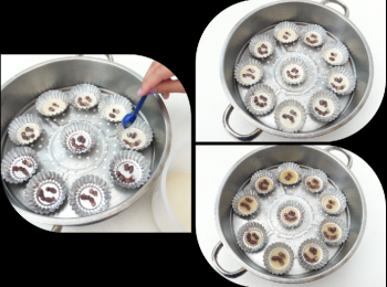 step5: 輕輕倒入半茶匙糖水粉漿入模內，蓋好，隔水用大火蒸兩分鐘。