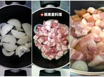step3: 取出湯鍋，將洋葱舖在鍋底，再舖豬五花，倒入醬油、蠔油、花雕酒、水（水要淹過肉）。開大火煮滾後，蓋鍋蓋，轉中小火慢燉30分鐘。