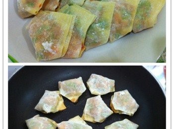 step4: 取出平底鍋下1小匙食油，油熱把包好的餛飩，順序排列小火下鍋煎至底部金黃色。