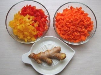 step3: 將彩色甜椒(一半份量)切丁,胡蘿蔔一根切細丁。薑磨成泥狀。