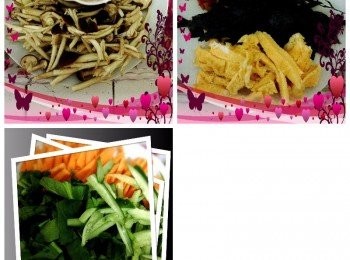 step1: 1.把菠菜,紅蘿蔔,小黃瓜,海苔,韓國泡菜,蛋皮,切成絲狀備用.