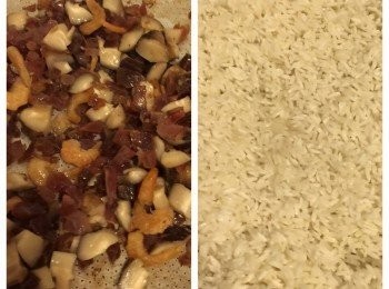 step2: 將臘腸膶腸冬菇蝦米所有材料一齊落鑊炒香備用，浸過冬菇的水都可以留起備用;