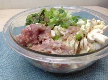 step1: 洋菇切片、芹菜切短狀、紅蘿蔔切細丁狀 與絞肉加塩丶胡椒粉調味