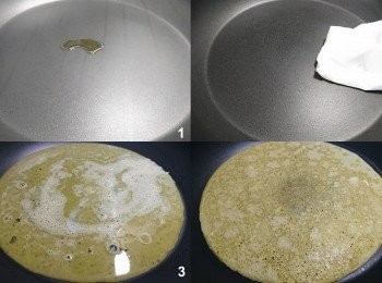 step4: 取出平底鍋，鍋中放少許油，用廚房紙巾將油抹勻鍋底。開小火，倒入步驟3的「抺茶蛋液」慢煎。待蛋液凝固時，取出「抹茶蛋皮」備用。