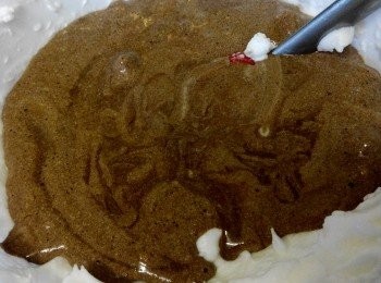 step5: 混合蛋白霜與蛋黃糊：
先將1/3的蛋白霜倒入蛋黃糊混合均勻。再將拌勻的蛋糕糊倒入剩餘的蛋白盆中，攪拌均勻。（方法切拌、翻拌方式）將混合好的蛋糕糊倒入模具，抹平，用手端住模具在桌上用力震幾下，把內部的大氣泡震出來。