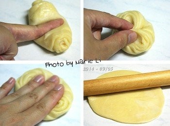 step6: 將做好的麵糰從中間壓出凹痕
用手指將麵糰上下兩端往中間捏合
按壓成薄餅狀再擀成圓片狀