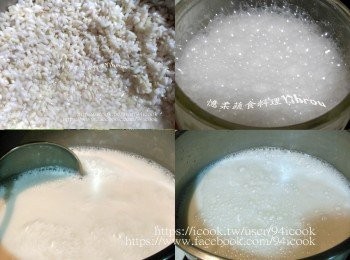 step2: 在來米洗淨加水浸泡6個小時，放入果汁機攪打成米漿，米漿倒入鍋中。