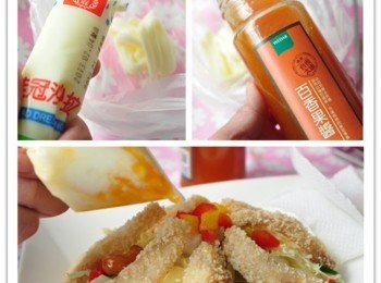 step5: 準備1條桂冠沙拉與約1大匙【薇達百香果醬】拌入塑膠袋中，再剪個小洞繞圓的擠在魚片沙拉盤上