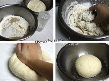 step3: 製作煎包麵皮：

老麵：          全部
中筋麵粉：      300g
酵母粉：          2g
溫水：          150g
細砂糖：         20g
鹽：              1g
沙拉油：         20g

將所有材料全部揉成糰
再繼續揉成表面呈現光滑的麵糰
蓋上保鮮膜或擰乾的濕布
靜置約1.5~2小時使其發酵至兩倍大。