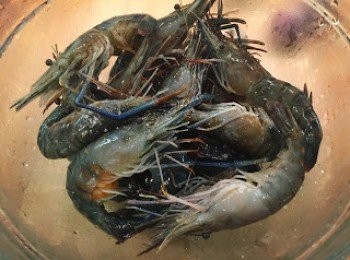 step2: 蝦剪去蝦鬚，清洗乾淨後放入大碗中，加入所有調味料拌勻，醃制10分鐘。