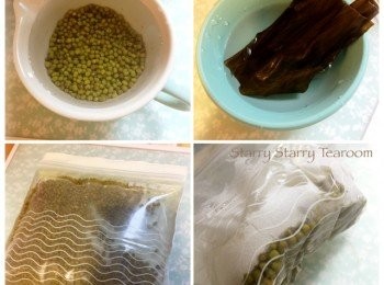 step1: 將綠豆洗淨，用100ml清水浸泡20分鐘。然後將綠豆連水倒進密實袋，放進冰箱一晚。海帶洗淨浸泡，備用。