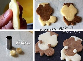 step6: 用蛋液塗抹《白色臉蛋》邊緣
將它與《咖啡色身體》互相黏合

最後用《模具-C》壓出兩個小圓點
做出松鼠的小手來即可。