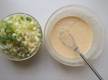 step2: 將高麗菜切碎,蔥切成蔥花。大阪燒粉加入水及一顆蛋全部混合不見粉狀即可。ps:如沒有大阪燒粉,可用中筋麵粉100g加入少許的海鹽及1/2的鰹魚粉替代)。