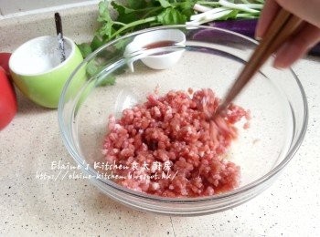 step1: 豬肉碎放入大碗內加入<span class="group_2">醃料</span>拌勻靜待30分鐘