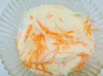 step7: 洋蔥絲和紅蘿蔔絲和粉漿拌勻後,抓一小撮放入油鍋中, 剛開始先不要翻動它,等炸到差不多變硬後,再翻另一面繼續炸到兩面變金黃色就可以了.