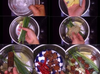 step1: 先做<span class="group_3">醬汁</span>，冷水加入已拍好的薑、已去蒂的乾辣椒、桂皮、八角、香葉先煮沸