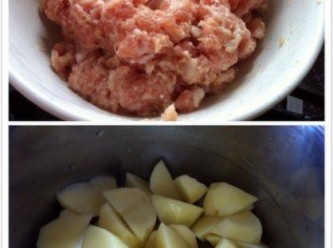 step1: 馬鈴薯去皮切塊，泡水待用。
肉碎加入所有醃料攪拌均勻待用。