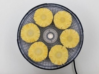 step3: 再一片片鋪在網片上(食物風乾機專用的網片)全部放進機器裡進行風乾。過程中需稍微調整每層鳳梨果片的位置,經過57度c的低溫風乾約18-20小時左右即完成。風乾的時間會因鳳梨的厚度及當天氣候的乾濕度略有不同,請依當時情況做調整。
