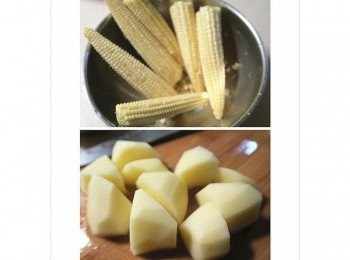 step1: 馬鈴薯切塊.玉米筍剖半備用