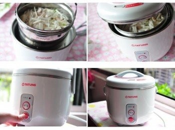 step4: 輕輕的提起放入電鍋中，蓋上外鍋蓋，再啟動電源，開始工作囉!