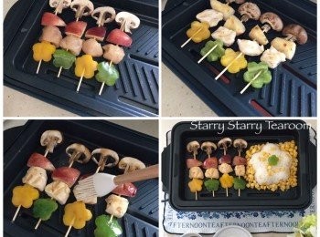 step4: 將HomeBBQ爐調較至3度火預熱，直至水珠蒸發。然後塗上一點點油，將串燒放上去。兩邊燒至差不多熟透的時候，將照燒汁塗上面繼續燒至完全熟透。將飯和粟米放在爐的另一邊，便完成。