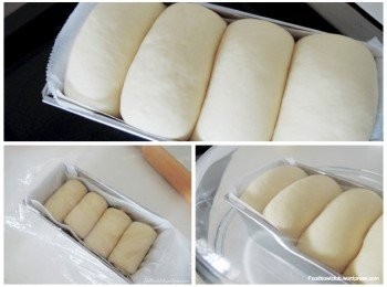 step6: 将4个管状面团（密封面朝下）放入已铺好烘培纸的面包烤盘上。将面团封盖着，再次静置第二次的发酵30-60分钟或至到体积双倍大。一旦面团再次膨胀后，便可准备进入烤箱开始烘烤。预热烤箱在190度，烘烤15-20分钟。*当你发现面包的表面开生呈现金黄色后，盖上铝箔避免面包过度的变褐色。