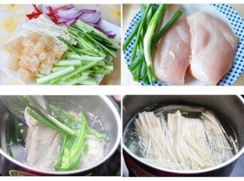 step2: 將柚子隨意剝成瓣狀、西洋芹及小黃瓜切成細長狀、辣椒及紫洋蔥切細絲備用，再將<a href="https://bit.ly/3EZL8dD" target="_blank" data-keyword="雞胸" class="guide-link"><strong>雞胸</strong></a> <span style="display:inline-block;vertical-align:middle;margin-top:-3px;color:initial;border-radius:3px;padding:2px 3px;font-size:12px;line-height:14px;background:#87d300;color:#fff;">即買</span> 肉稍稍沖洗放入滾水(加入米酒及蔥段)煮滾撈起放涼或冰鎮，接著將金針菇川燙後放涼或冰鎮