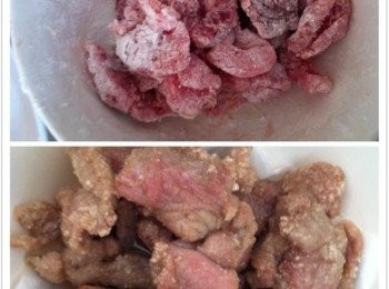 step1: 把梅肉加入胡椒粉和鹽巴拌均勻，然後加入玉米粉。下鍋油炸至熟透，盛起瀝乾油分。
