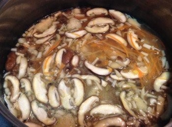 step5: 8， 再加入雞湯及水煲10-15分鐘
9， 再放入豆腐乾煲5分鐘。
10， 加生粉水及蛋，熄火。