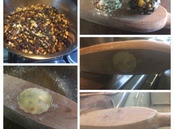 step1: 材料(皮):
 
A:糖漿160G 生油80G 鹼水1/2茶匙
 
B:低筋粉250G
 
桔餅1個
 
做法:
 
先將A用打蛋器拌勻，再加入B拌至無粉粒，用保鮮紙包住
 
放室溫半小時備用。