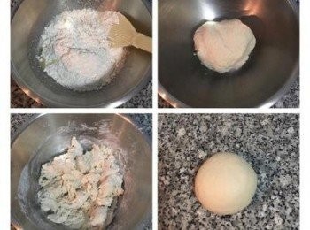 step1: 牛奶麵糰：牛奶+糖+酵母先略微混合，加入中粉和沙拉油攪拌到看不到水份，用手壓揉成糰且鍋內無殘留，倒在工作檯上揉5-8分鐘到麵糰表面光滑，並用保鮮膜包起後閒置鬆弛!