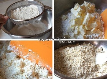 step4: 中筋麵粉和鹽一起過篩進工作鋼盆中‧‧‧


※此步驟動作要盡可能仔細且快速完成。

把切好的奶油塊從冰箱取出來
放進過篩好的麵粉裡
用刮刀以《切拌》的方式
將奶油一邊切成無數小碎屑
一邊拌進麵粉中