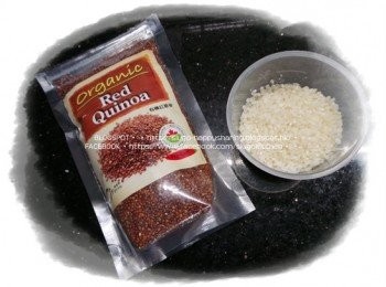 step1: 珍珠米及藜麥分別洗淨，用水浸泡15分鐘(改用絲苗米可不用浸)。