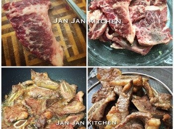 step1: 甜椒切塊，牛仔骨解凍。牛仔骨槌鬆切件，用少許雞粉、粟粉、油醃數小時。落鑊前洒上少許乾粉，燒熱油，暖油半煎炸煮2-3分鐘至8成熟。盛起隔油。