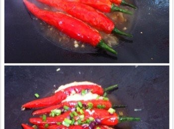 step2: 起新鍋加入1匙食油爆香材料C爆香，然後加入醬汁B大火煮滾。
最後加入炸好的釀辣椒煮滾即可.