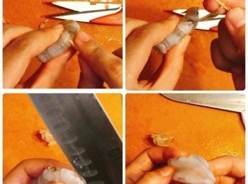 step1: 先將蝦去殻挑腸，請保留蝦殻做湯底；
