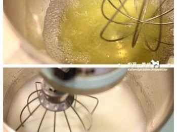 step5: 蛋白以攪拌器打出小泡泡後，加入一半的細砂糖、一半的檸檬汁打至兩倍大。