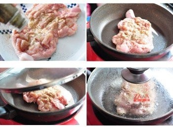 step2: 先將義大利香料及椒鹽灑上雞腿肉兩面，不需加任何油只要熱鍋後放入香煎，蓋上鍋蓋更快熟透喔~