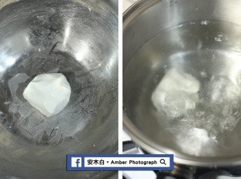 step3: 糯米粉150公克，分成20公克和130公克。 製作「粿粹」：先用20公克的糯米粉，加入適量溫開水(水量請一點一點添加)，用手搓揉成團，放入滾水中煮到浮上來，煮熟做成「粿粹」。