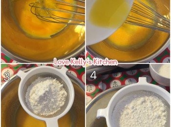 step1: A
1 & 2）蛋黃及糖攪均再倒入牛油再攪均；
3 & 4）將低根麵粉分兩次倒入蛋漿中攪均；