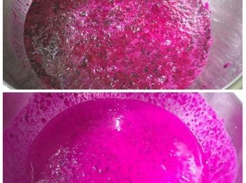 step5: 火龍果肉用食物處理器打成汁，加入檸檬汁及乳酪拌勻。