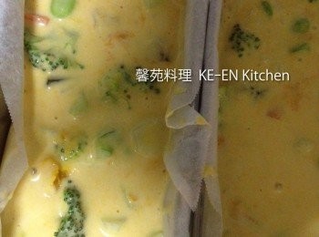 step2: 鬆餅粉200g、豆漿100cc、加入蛋2個、橄欖油100ml、攪拌後加入燙熟蔬菜
放入模型17×6cm、２個