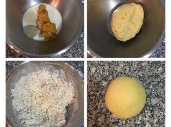 step2: 南瓜麵糰：牛奶+南瓜泥+糖+酵母略微混合，加入中粉和沙拉油攪拌到看不到水份，用手壓揉成糰且鍋內無殘留，倒在工作檯上揉5-8分鐘到麵糰表面光滑，並用保鮮膜包起後閒置鬆弛5分鐘。 每種南瓜含水量不同，可視麵糰的狀況微調麵粉或牛奶。 南瓜泥就是南瓜去皮，蒸20分鐘後再用叉子壓成泥即可。