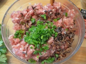 step2: 豬絞肉放入碗中， 加入所有醃料順一個方向打至起黏性後，再放入木耳和蔥粒拌勻， 並放置醃15分鐘成餡料。