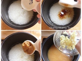 step2: 將米洗淨。加入140ml水，然後將味噌、味醂、醬油和薑末加入內鍋，攪拌均勻。