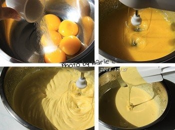 step3: 蛋黃放進工作鋼盆中，加入細砂糖
用電動打蛋器以高速攪打至蛋黃泛白濃稠為止。